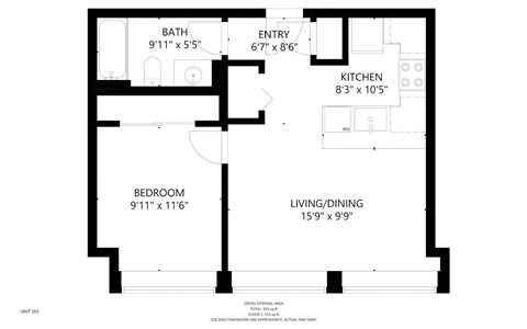 Floor plan for 1 bed, 1 bath, 545 sqft